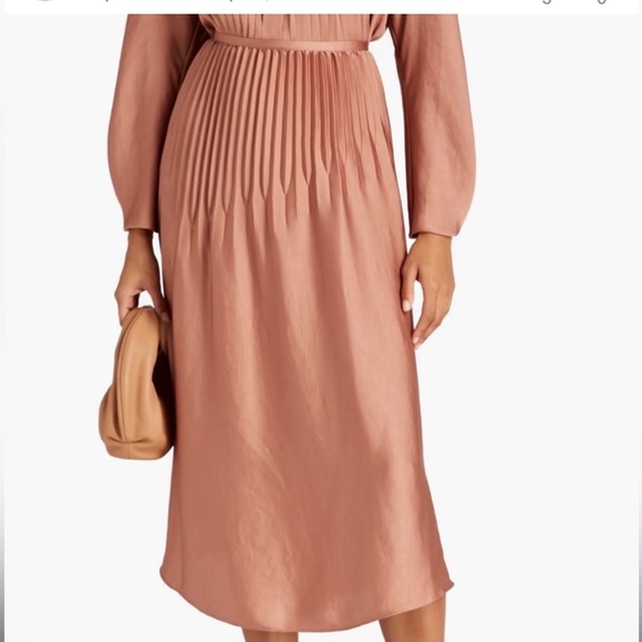 Vince Pleated Midi Skirt Satiny Asymmetrical Fall Dusty Rose Copper Women’s 8 - Picture 1 of 11